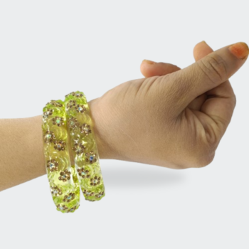 Sparkling Green Transparent Floral Resin Bangles in Hand look