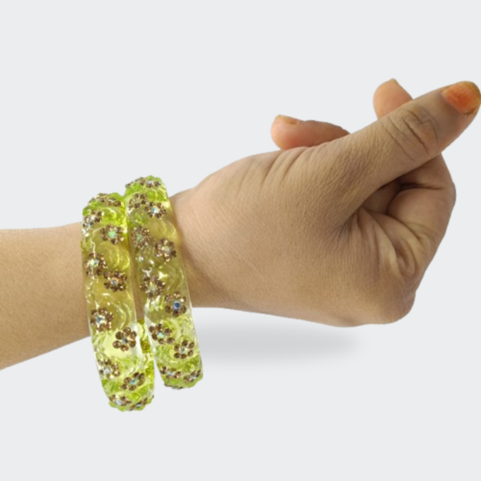 Sparkling Green Transparent Floral Resin Bangles in Hand look