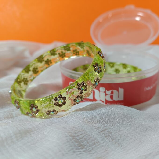 Sparkling Green Transparent Floral Bangles - Set of 2 - Image 3