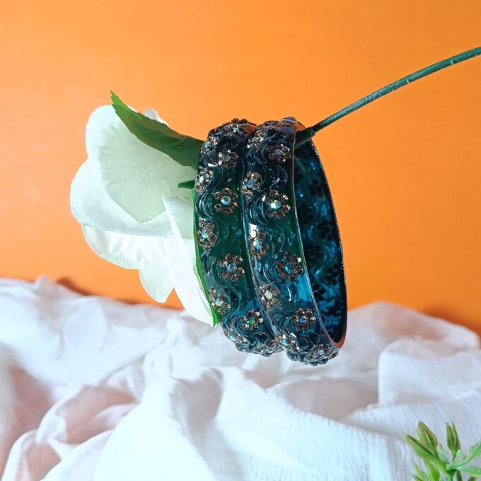 Dark Blue Velvet & Blue Transparent Bangles with Floral Crystal Embellished Bundle - Image 5