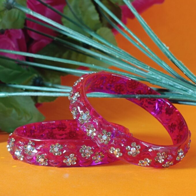 Charming Fuchsia Pink Glass Bangle Set of 2+4 - Floral Stone Accents 🌸 - Image 3