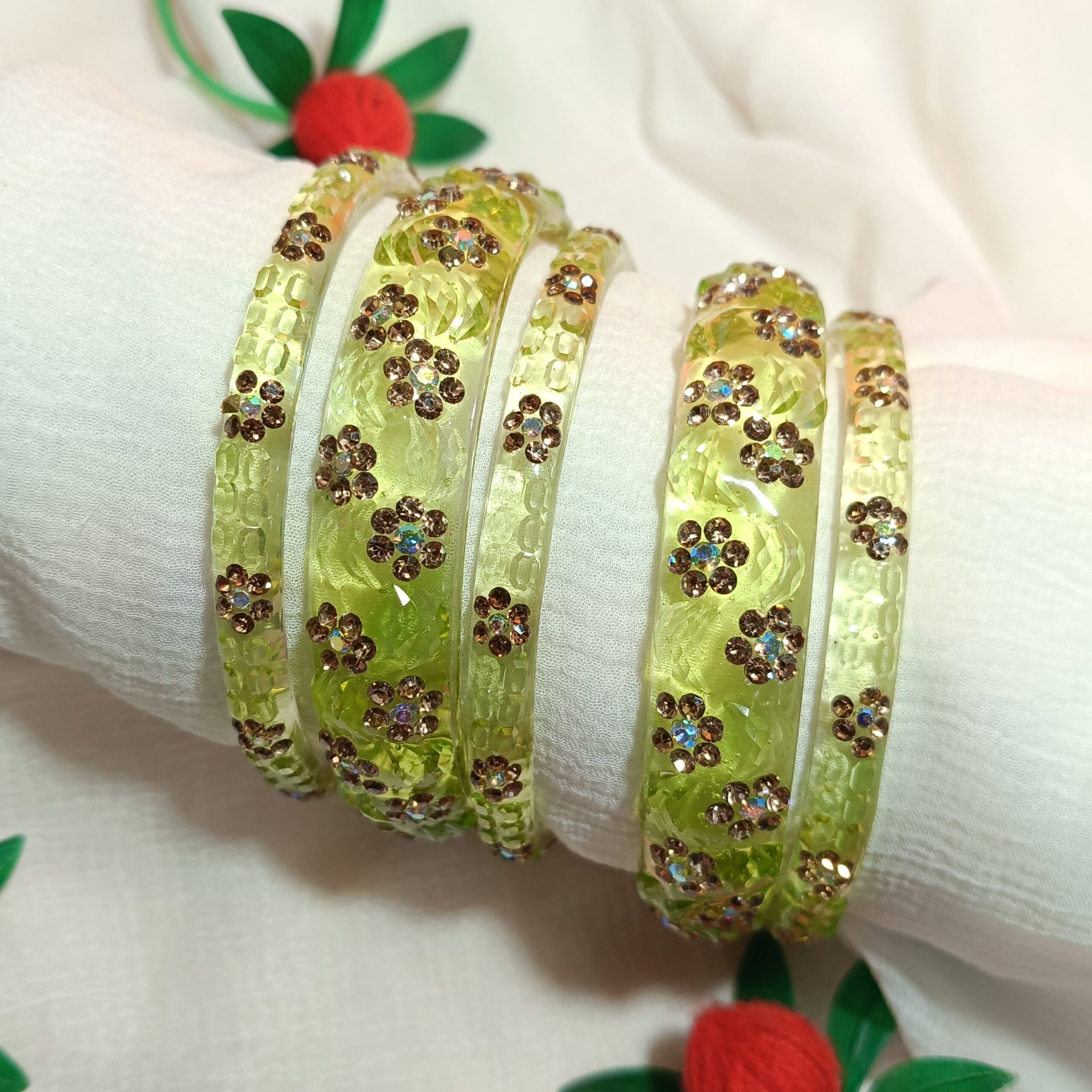 Charming Lime Green Glass Bangle Set of 2+4 - Floral Stone Detailing π