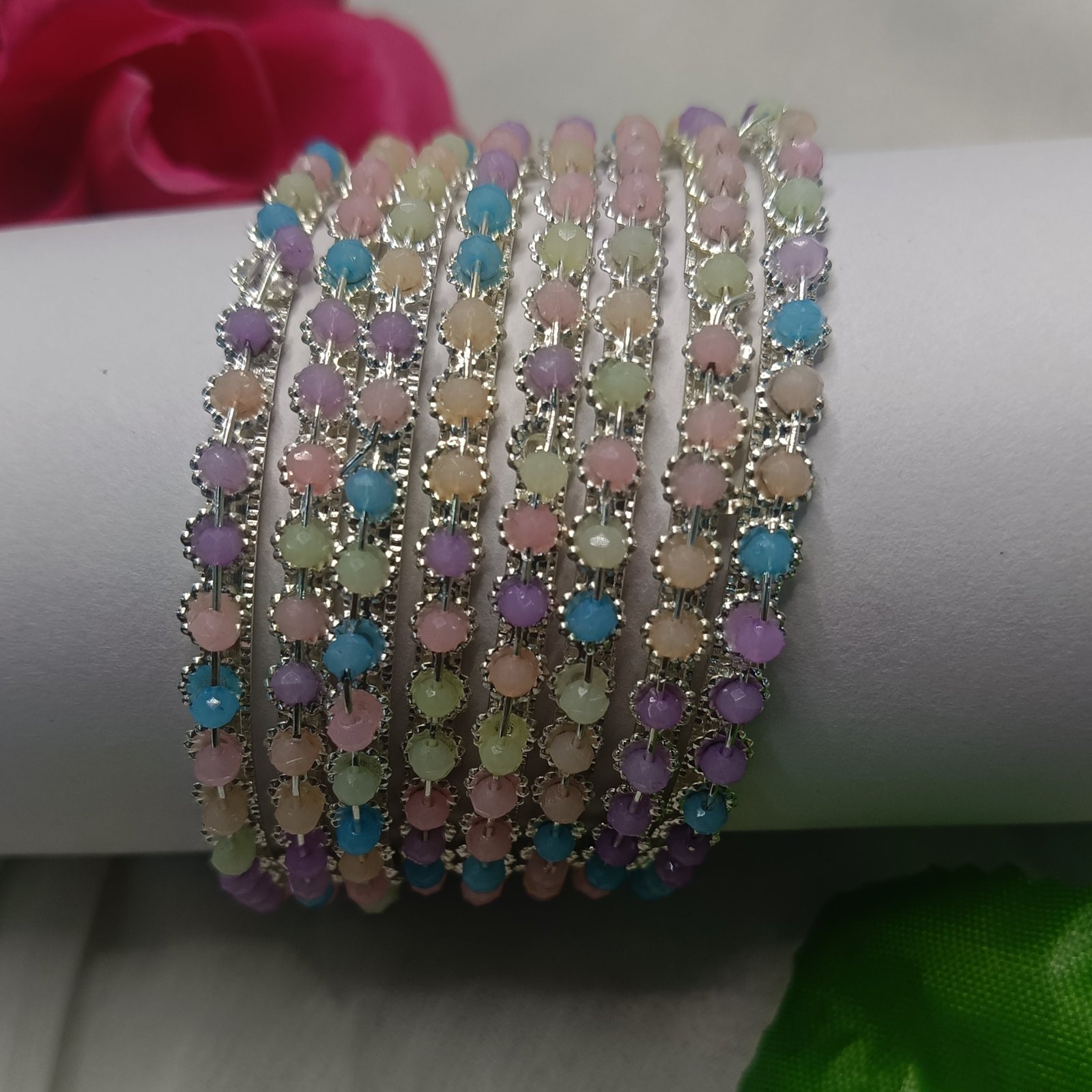 π Soft Pink Velvet Bangles with Pearl Kada Bangle Set π - Image 4