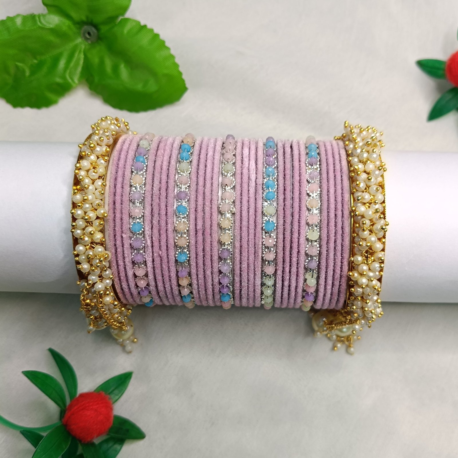 π Soft Pink Velvet Bangles with Pearl Kada Bangle Set π - Image 2