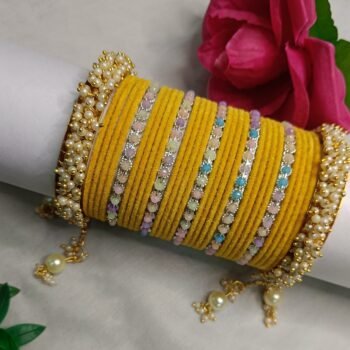 π Sunshine Glow Velvet Bangles with Pearl Kada Bangle Set π