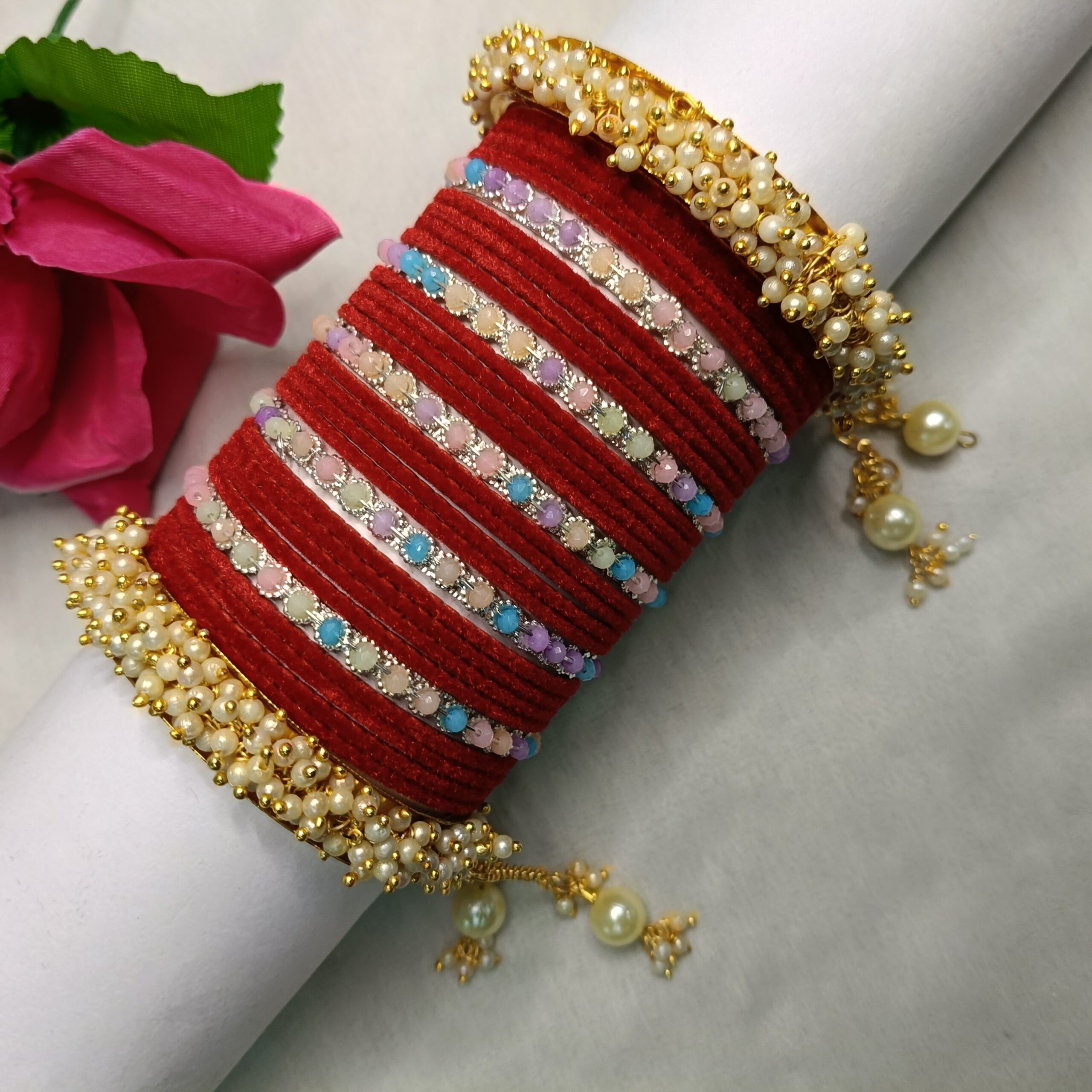 Royal Maroon Goldstone Kada + Velvet Bangles Set