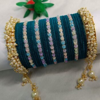 Royal Teal Velvet Bangles with Pearl Kada Bangle Set