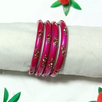 Pink Floral Stone Coted Metal Bangle Set