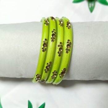 Lime Green Floral Stone Coated Metal Bangle Set