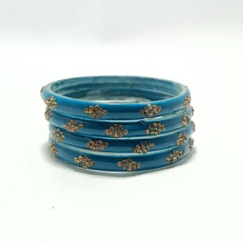 Teal Blue Floral Stone Coated Metal Bangle Set