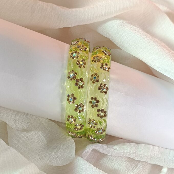 Sparkling Green Transparent Floral Bangles - Set of 2