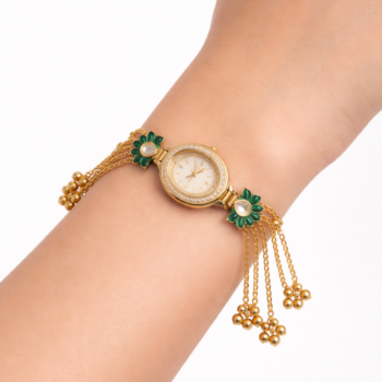 kashmiri green stone bracelet watch gold chain tassel full white background