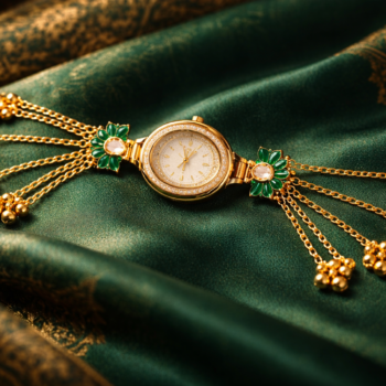 kashmiri green stone bracelet watch worn on wrist gold chain tassel designer watch