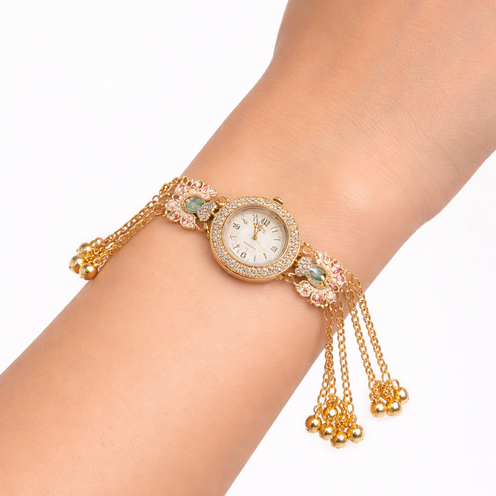 kashmiri floral bracelet watch worn on wrist gold tassel chain designer watch