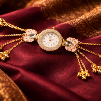 kashmiri floral bracelet watch gold pink enamel on red fabric luxury ethnic watch