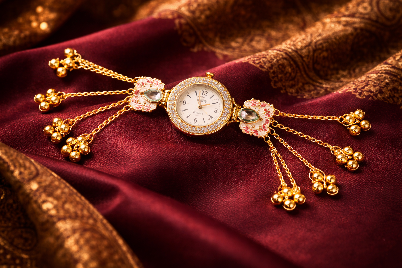 kashmiri floral bracelet watch gold pink enamel on red fabric luxury ethnic watch