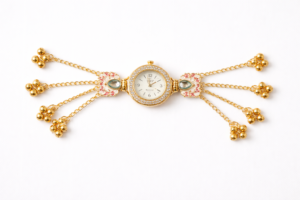 kashmiri floral bracelet watch gold pink enamel tassel chain full white background