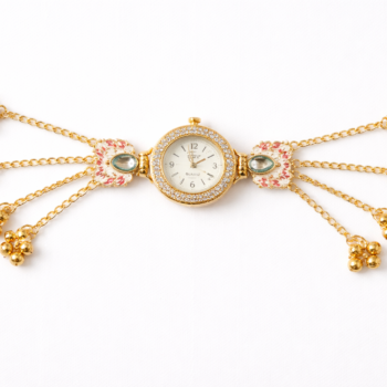 kashmiri floral bracelet watch gold pink enamel tassel chain full white background