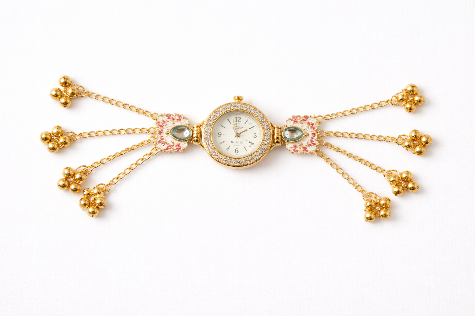 kashmiri floral bracelet watch gold pink enamel tassel chain full white background