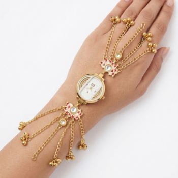 kashmiri bracelet watch red enamel worn on wrist gold tassel chain ethnic watch