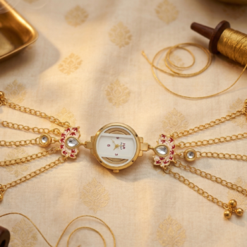 kashmiri bracelet watch gold red enamel on traditional fabric luxury ethnic watch