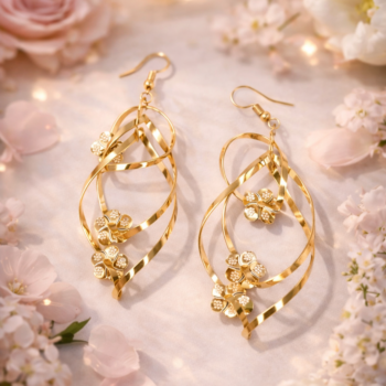 Stylish gold floral drop earrings with soft floral background, perfect for wedding and festive wear