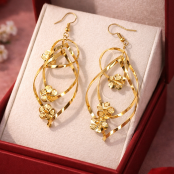 Elegant gold floral drop earrings placed in a luxury red jewelry box, premium designer earrings for women
