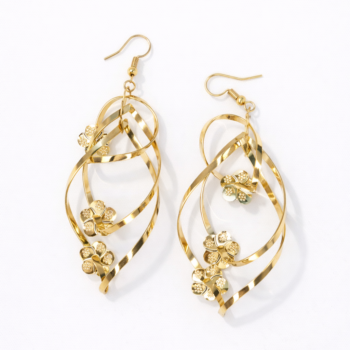 Gold floral drop earrings for women on white background, lightweight designer party wear earrings