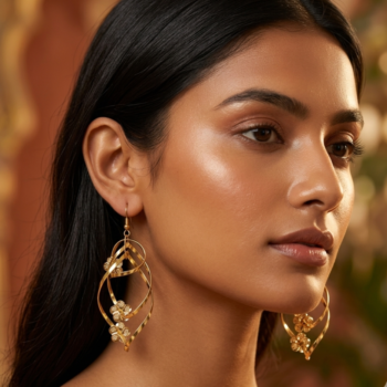 Close-up of model wearing gold floral drop earrings, modern stylish earrings for women fashion