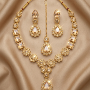 Gold plated bridal necklace set with champagne crystal stones displayed on beige fabric with earrings and maang tikka