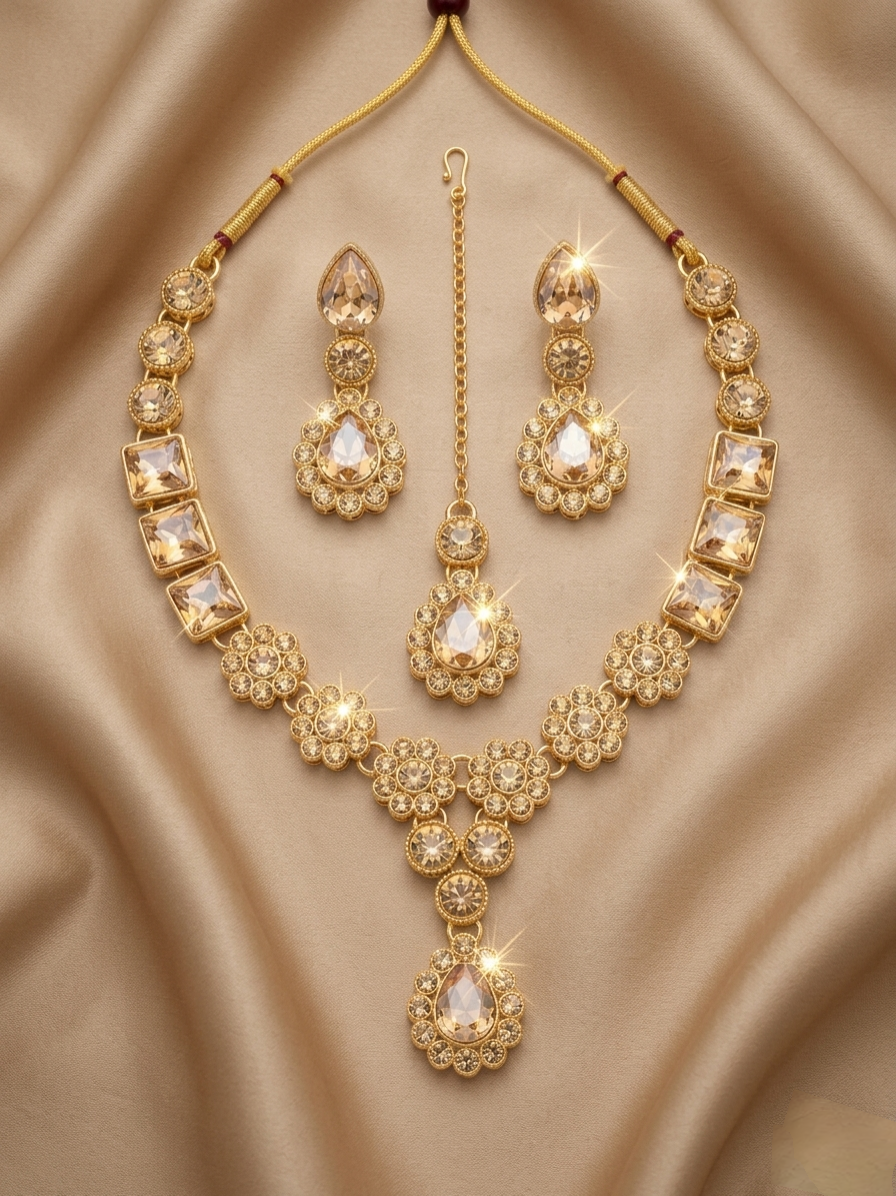 Gold plated bridal necklace set with champagne crystal stones displayed on beige fabric with earrings and maang tikka