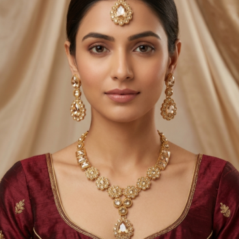 Woman wearing gold bridal necklace set with champagne stones and matching earrings and maang tikka