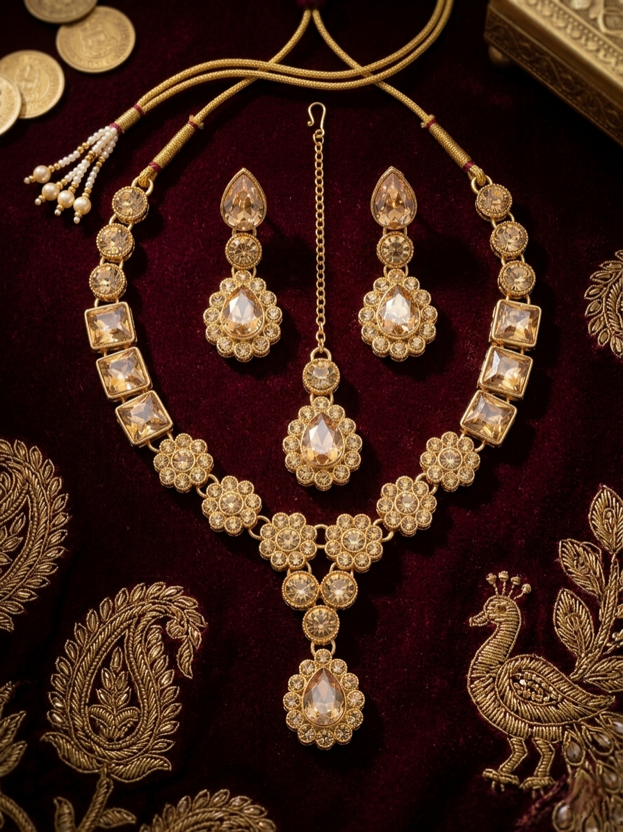 Traditional gold necklace set with champagne stones on red velvet background with matching earrings and tikka