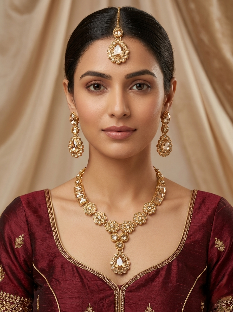 Woman wearing gold bridal necklace set with champagne stones and matching earrings and maang tikka