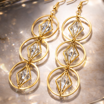 Gold geometric crystal earrings with reflective lighting, premium designer earrings for women