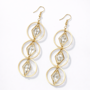 Gold crystal geometric drop earrings for women on white background, lightweight designer earrings