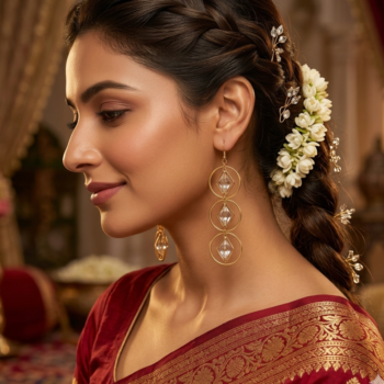 Elegant woman wearing gold crystal geometric drop earrings with traditional outfit, stylish party wear earrings