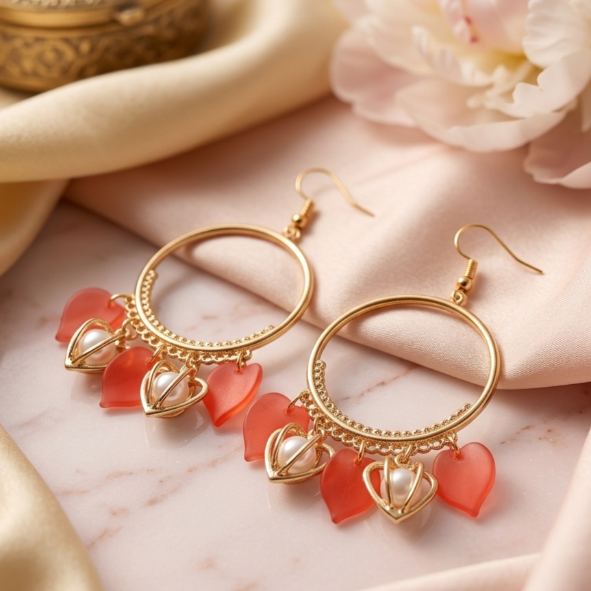 Gold heart earrings on satin fabric with soft lighting