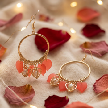 Minimal gold hoop earrings with red hearts and pearl drops