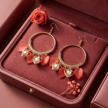 Luxury red box with heart charm earrings and floral styling