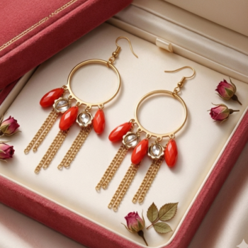 Gold hoop earrings with red stones and chain tassels in premium gift box setting