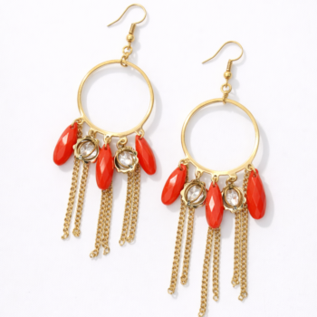 Minimal gold red hoop tassel earrings on clean white background
