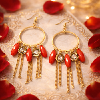Gold red earrings with rose petals and warm lights, festive styling