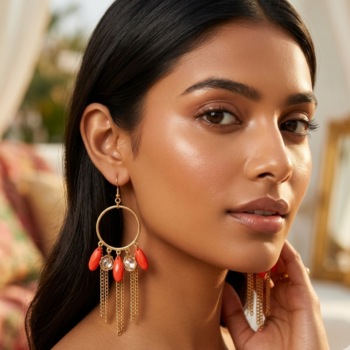 Woman wearing gold red tassel earrings, festive jewelry look