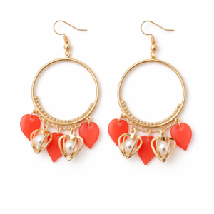 Gold Heart Charm Hoop Earrings with Pearl Drops