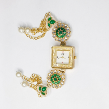 Kashmiri bracelet watch for women with green stones, pearl chain and gold floral design