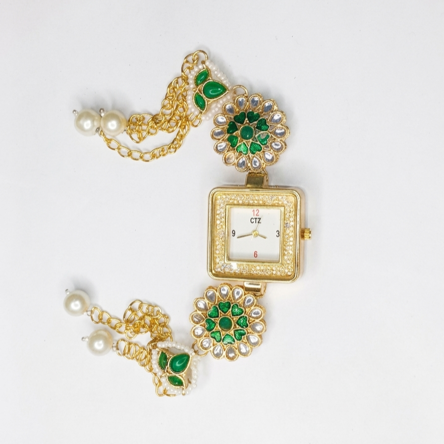 Kashmiri bracelet watch for women with green stones, pearl chain and gold floral design
