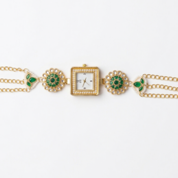 Kashmiri jewelry style watch with chain tassels and pearl drops, elegant ethnic watch for women