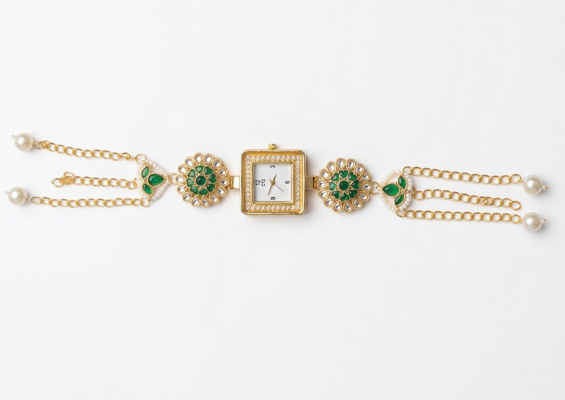 Kashmiri jewelry style watch with chain tassels and pearl drops, elegant ethnic watch for women