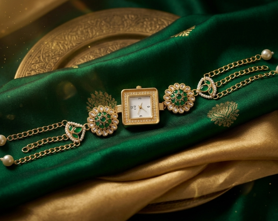 Gold green Kashmiri bracelet watch with pearl chains on decorative background, bridal watch for women